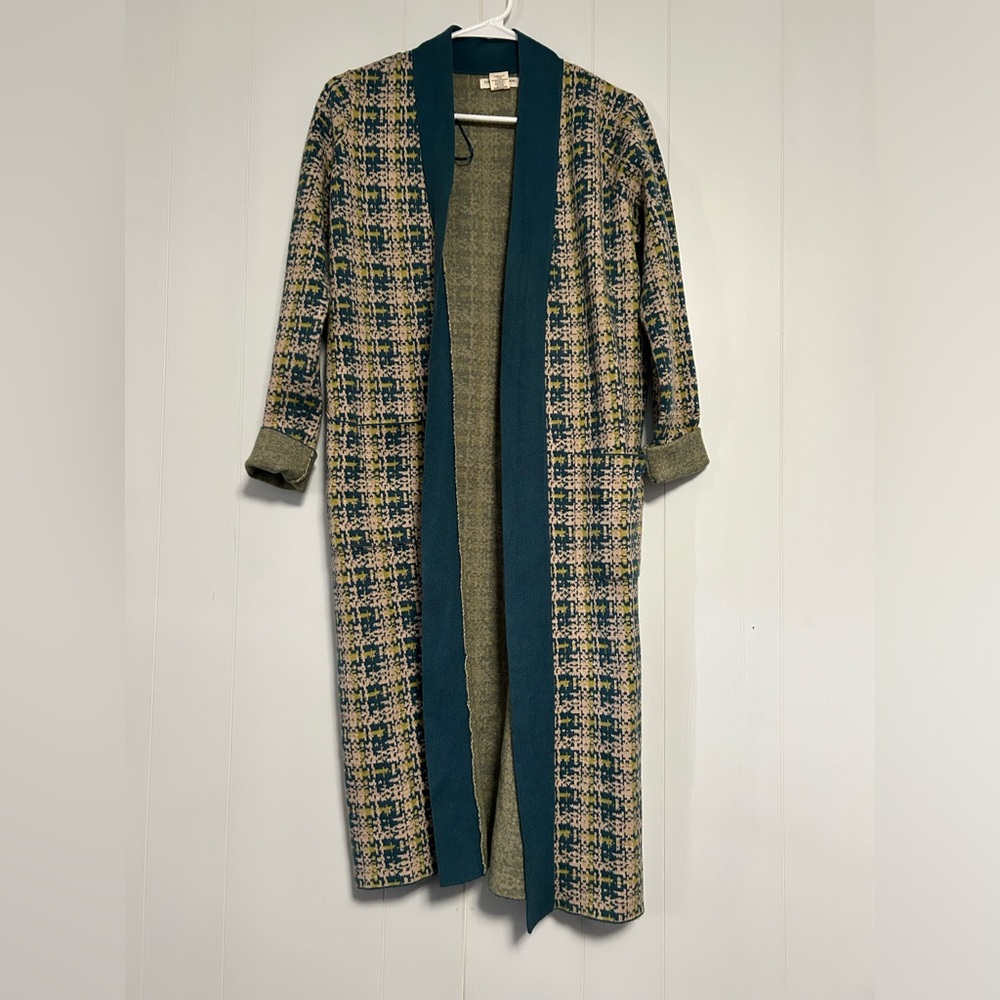 Christian Siriano Green Plaid Long Open Cardigan with Teal Trim